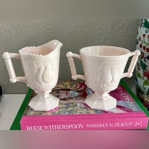 Vintage Jeanette pink milk glass sugar & creamer set